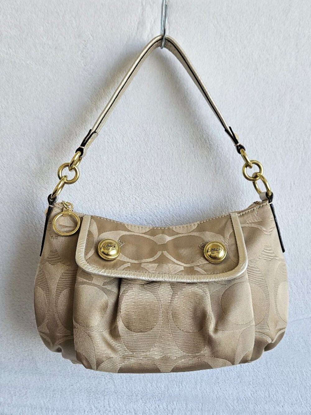 Vintage Coach Y2K Signature Sateen Shoulder Bag Gold Hardware Blue Interior